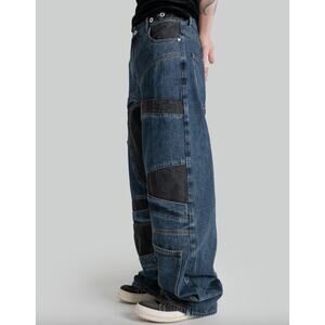 NEW Feng Chen Wang Men's Deconstructed Denim Pants Black Blue Size XL